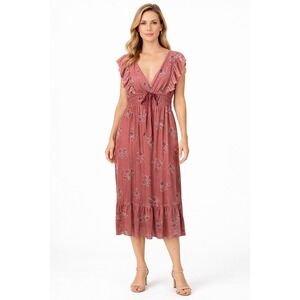 Francesca's Floral Midi Dress Flutter Sleeve Rose Boho Size L Jessie Tarella